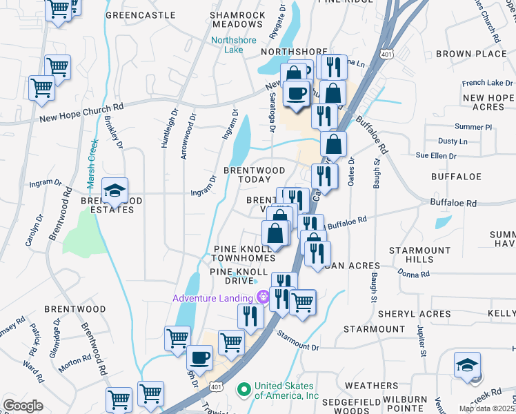 map of restaurants, bars, coffee shops, grocery stores, and more near 3106 Quinley Place in Raleigh