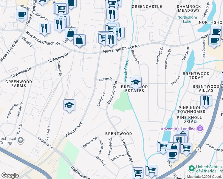 map of restaurants, bars, coffee shops, grocery stores, and more near 3532 Brentwood Road in Raleigh