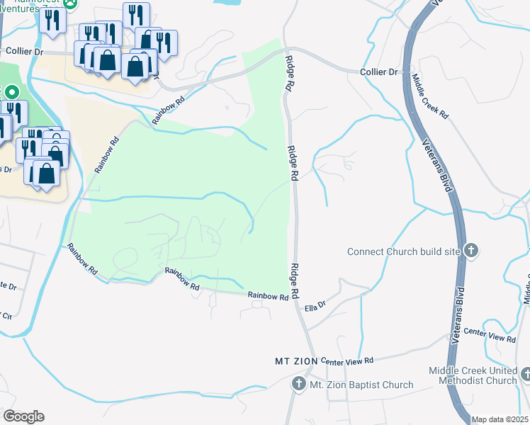map of restaurants, bars, coffee shops, grocery stores, and more near 1604 Ridge Road in Sevierville