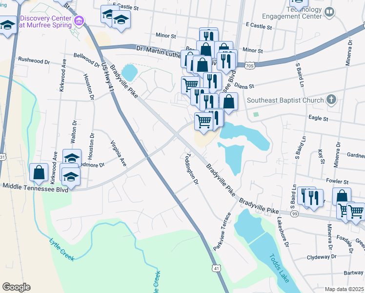 map of restaurants, bars, coffee shops, grocery stores, and more near 999 Bradyville Pike in Murfreesboro