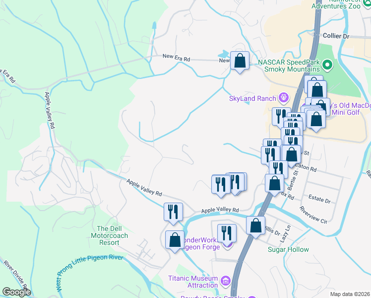 map of restaurants, bars, coffee shops, grocery stores, and more near 310 Teague Lane in Sevierville