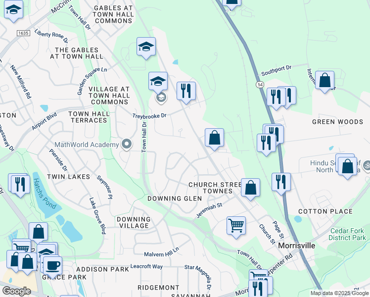 map of restaurants, bars, coffee shops, grocery stores, and more near 203 Downing Bluff Drive in Morrisville