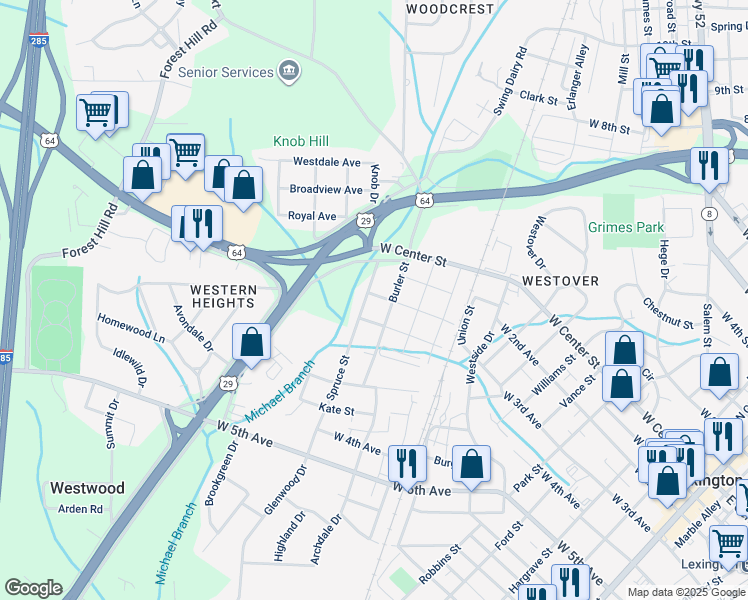 map of restaurants, bars, coffee shops, grocery stores, and more near 201 Spruce St in Lexington