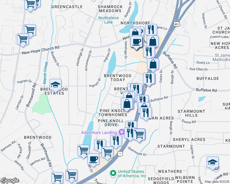 map of restaurants, bars, coffee shops, grocery stores, and more near 3528 Greywood Drive in Raleigh