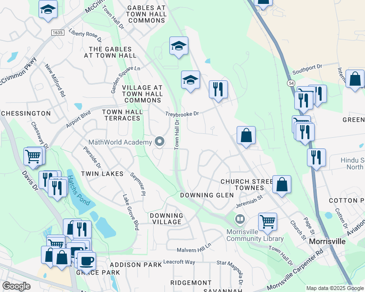 map of restaurants, bars, coffee shops, grocery stores, and more near 556 Abbey Fields Loop in Morrisville