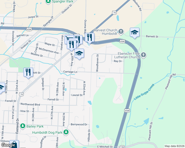 map of restaurants, bars, coffee shops, grocery stores, and more near 1412 Eastview Drive in Humboldt