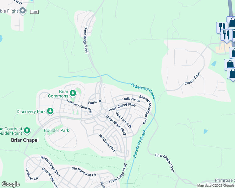 map of restaurants, bars, coffee shops, grocery stores, and more near Bennett Mountain Trce in Chapel Hill
