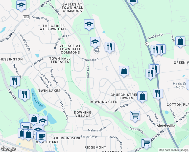 map of restaurants, bars, coffee shops, grocery stores, and more near 6011 Rambling Hills Drive in Morrisville