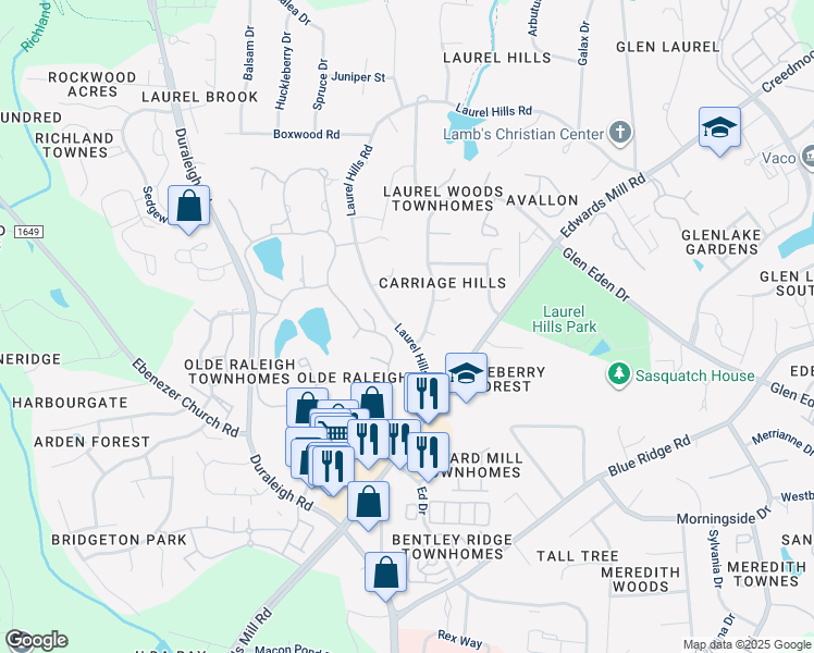 map of restaurants, bars, coffee shops, grocery stores, and more near 3704 Laurel Hills Road in Raleigh