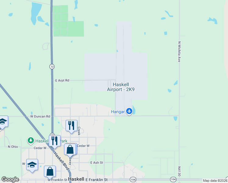 map of restaurants, bars, coffee shops, grocery stores, and more near Hwy 72 in Haskell