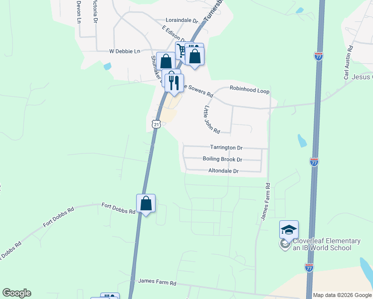 map of restaurants, bars, coffee shops, grocery stores, and more near 213 Tarrington Drive in Statesville