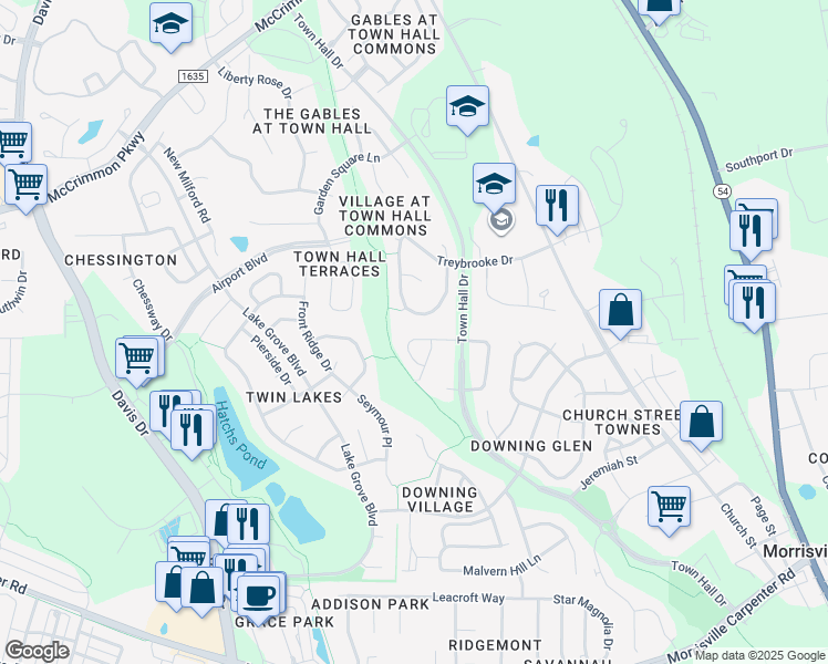 map of restaurants, bars, coffee shops, grocery stores, and more near 122 Singer Way in Morrisville