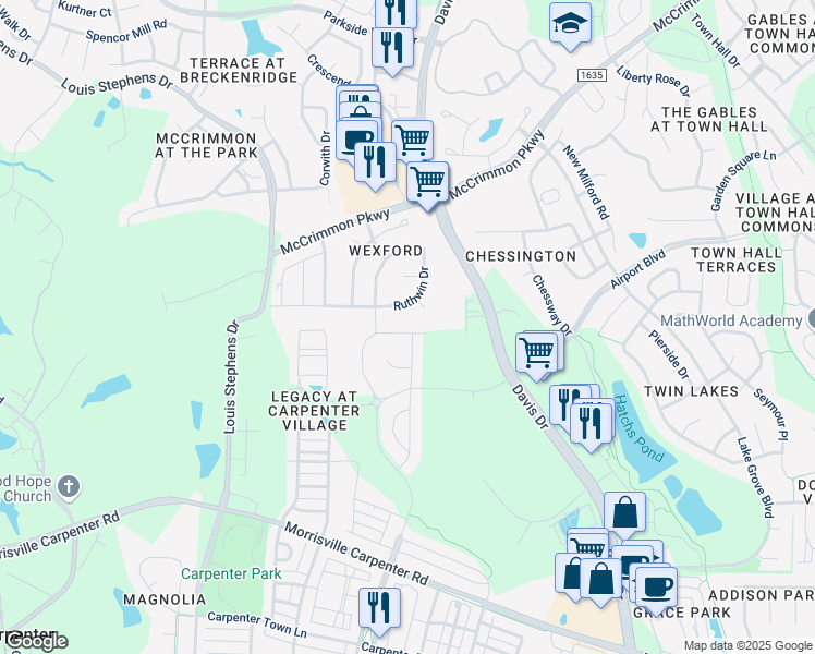 map of restaurants, bars, coffee shops, grocery stores, and more near 1029 Village View Lane in Cary