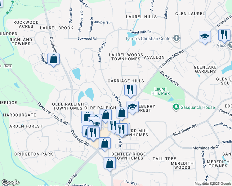 map of restaurants, bars, coffee shops, grocery stores, and more near 3704 Laurel Hills Road in Raleigh