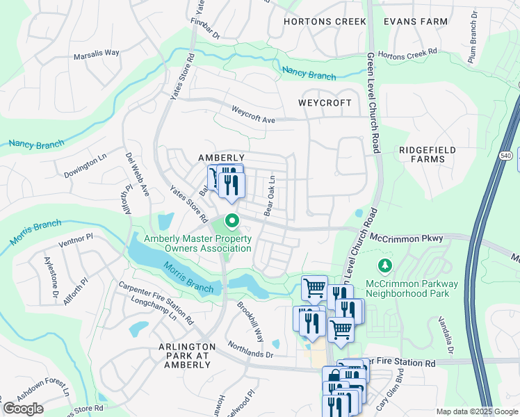 map of restaurants, bars, coffee shops, grocery stores, and more near 1209 Chalk Maple Drive in Cary