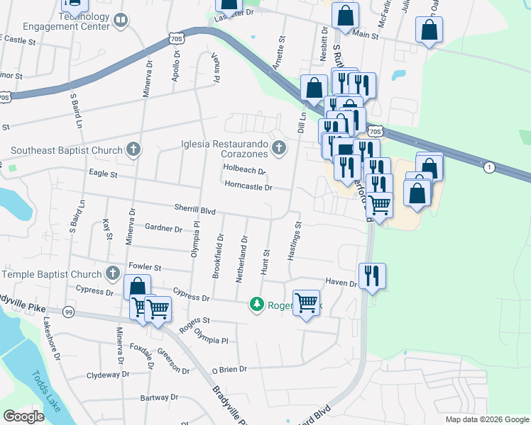 map of restaurants, bars, coffee shops, grocery stores, and more near 2111 Sherrill Boulevard in Murfreesboro