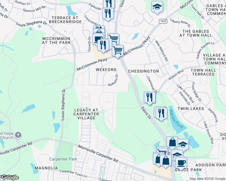 map of restaurants, bars, coffee shops, grocery stores, and more near 1029 Village View Lane in Cary