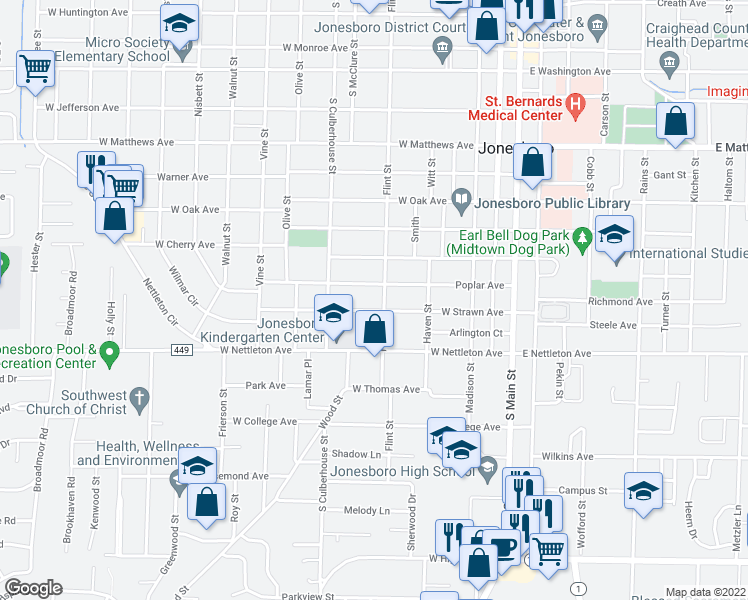 map of restaurants, bars, coffee shops, grocery stores, and more near 1247 Flint Street in Jonesboro