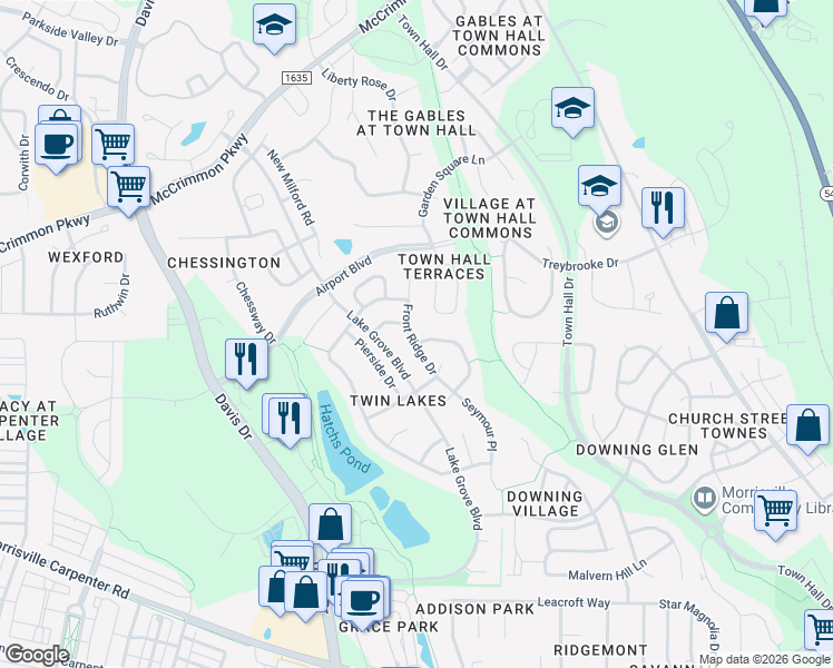 map of restaurants, bars, coffee shops, grocery stores, and more near 522 Front Ridge Drive in Cary