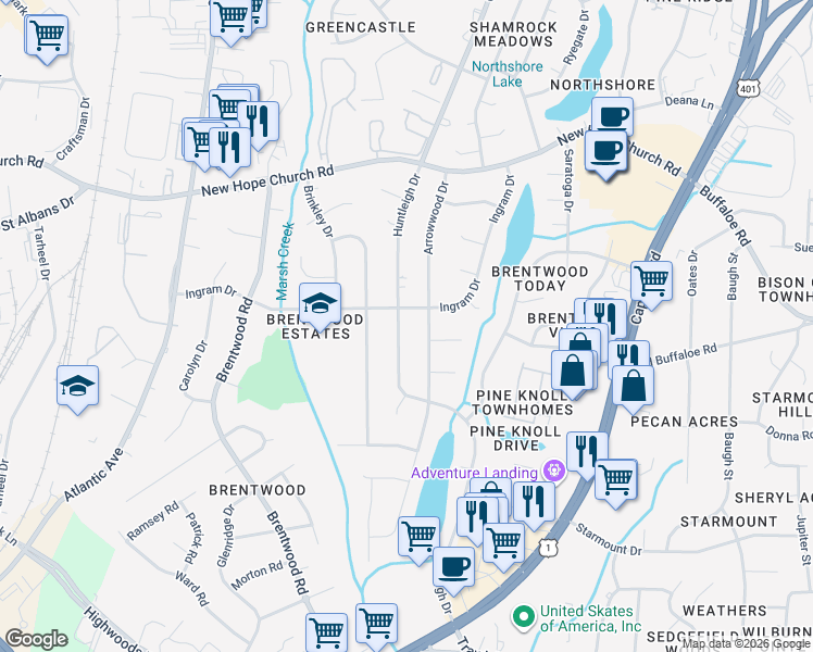 map of restaurants, bars, coffee shops, grocery stores, and more near 3516 Huntleigh Drive in Raleigh
