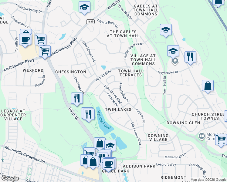 map of restaurants, bars, coffee shops, grocery stores, and more near 200 Bog Hill Lane in Cary