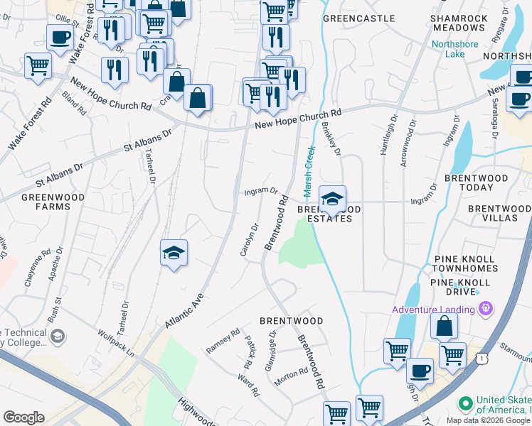 map of restaurants, bars, coffee shops, grocery stores, and more near 3528 Carolyn Drive in Raleigh