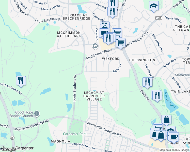 map of restaurants, bars, coffee shops, grocery stores, and more near 234 Linden Park Lane in Cary