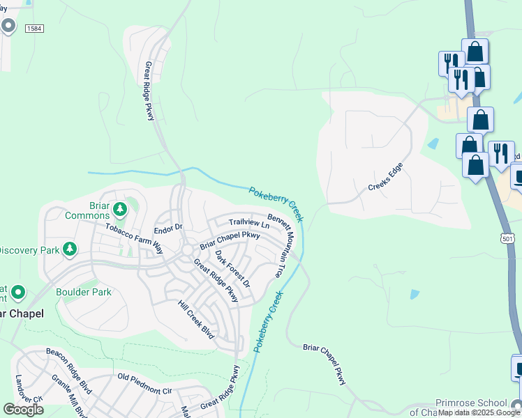 map of restaurants, bars, coffee shops, grocery stores, and more near 524 Bennett Mountain Trce in Chapel Hill