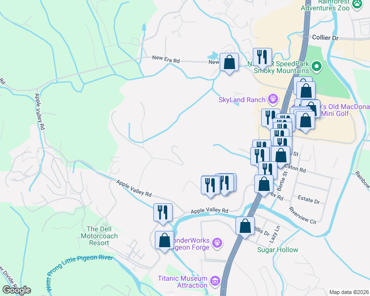 map of restaurants, bars, coffee shops, grocery stores, and more near 310 Teague Lane in Sevierville