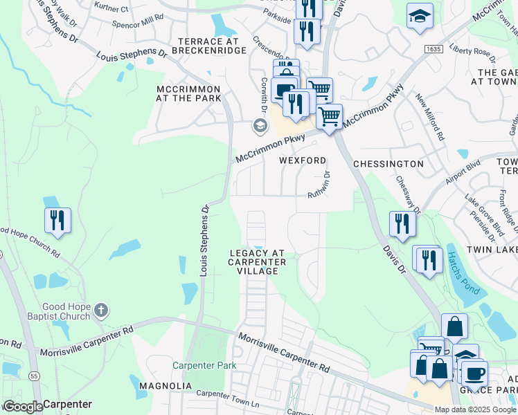 map of restaurants, bars, coffee shops, grocery stores, and more near 230 Linden Park Lane in Cary