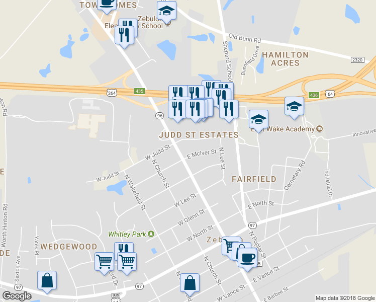 map of restaurants, bars, coffee shops, grocery stores, and more near 101 E McIver St in Zebulon