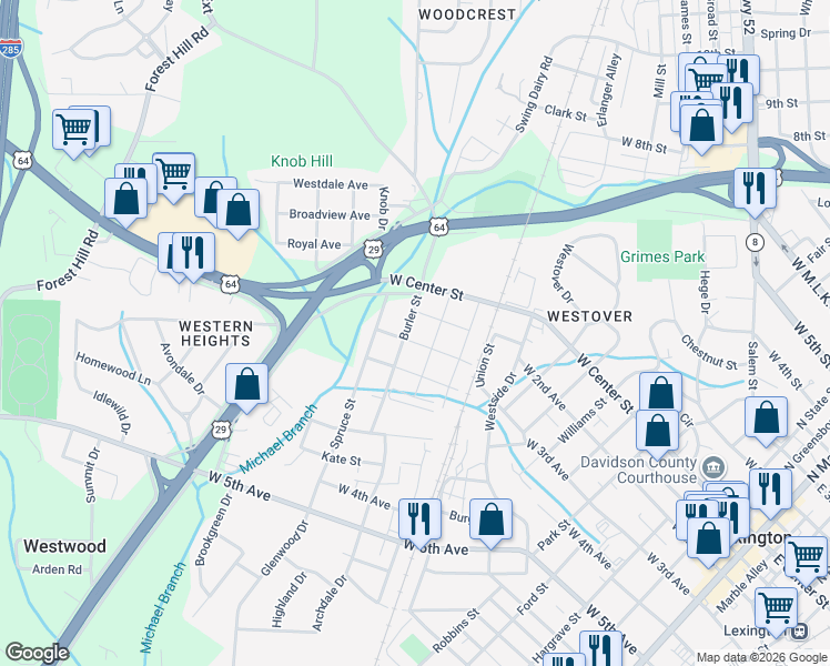 map of restaurants, bars, coffee shops, grocery stores, and more near 107 Burler Street in Lexington