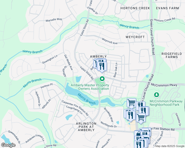 map of restaurants, bars, coffee shops, grocery stores, and more near 2112 Yates Store Road in Cary