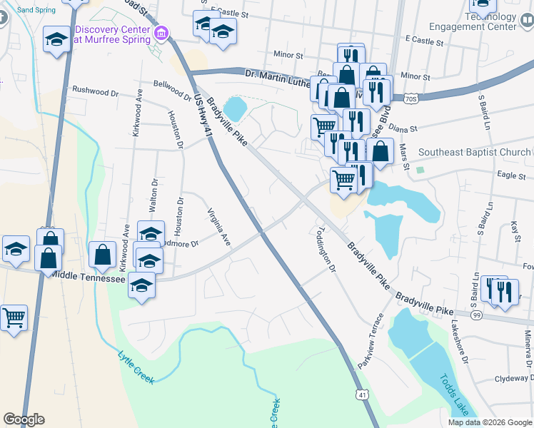 map of restaurants, bars, coffee shops, grocery stores, and more near 1028 Silver Court in Murfreesboro