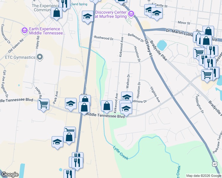 map of restaurants, bars, coffee shops, grocery stores, and more near 1118 Kirkwood Avenue in Murfreesboro