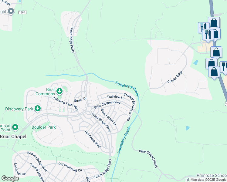 map of restaurants, bars, coffee shops, grocery stores, and more near 524 Bennett Mountain Trce in Chapel Hill