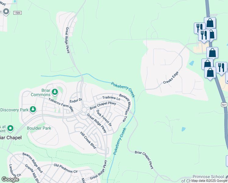 map of restaurants, bars, coffee shops, grocery stores, and more near 538 Bennett Mountain Trace in Chapel Hill