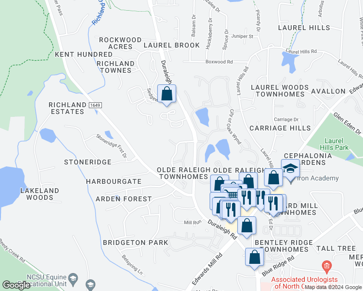 map of restaurants, bars, coffee shops, grocery stores, and more near 3805 Burwell Rollins Circle in Raleigh
