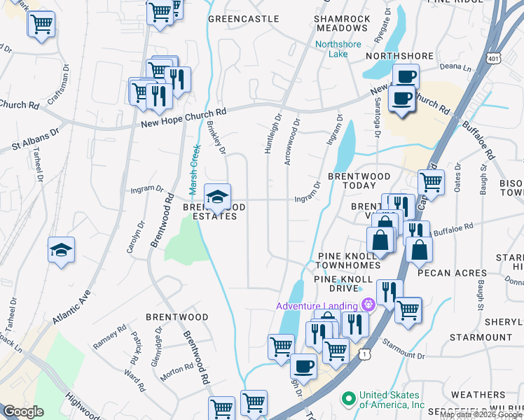 map of restaurants, bars, coffee shops, grocery stores, and more near 3516 Huntleigh Drive in Raleigh