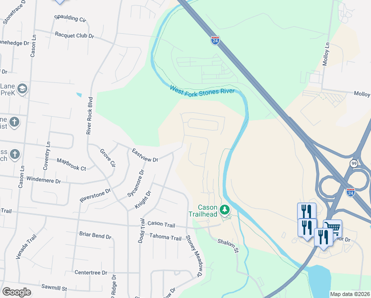 map of restaurants, bars, coffee shops, grocery stores, and more near 2103 Eastview Drive in Murfreesboro