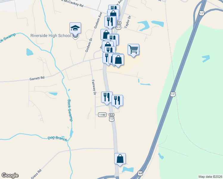 map of restaurants, bars, coffee shops, grocery stores, and more near 1795 U.S 17 in Williamston