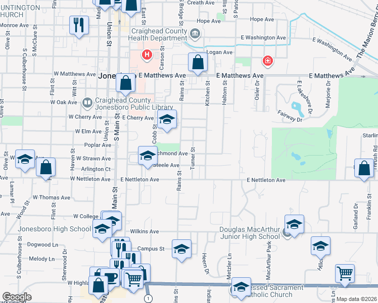 map of restaurants, bars, coffee shops, grocery stores, and more near 604 Richmond Avenue in Jonesboro