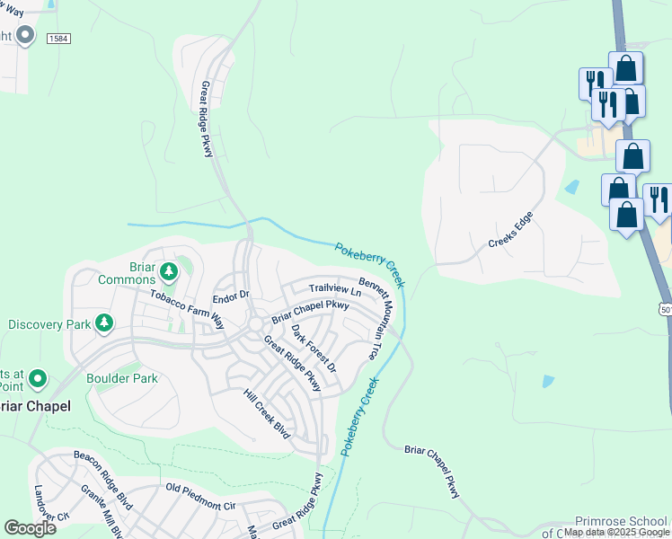 map of restaurants, bars, coffee shops, grocery stores, and more near 556 Bennett Mountain Trace in Chapel Hill