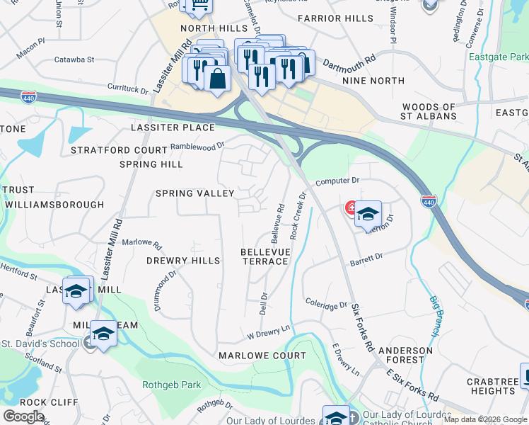 map of restaurants, bars, coffee shops, grocery stores, and more near 3608 Julia Lane in Raleigh
