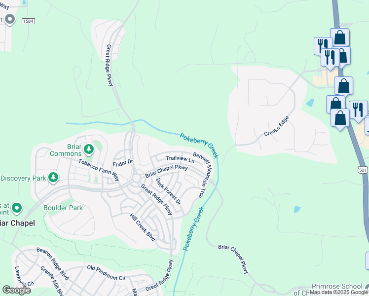 map of restaurants, bars, coffee shops, grocery stores, and more near 538 Bennett Mountain Trace in Chapel Hill