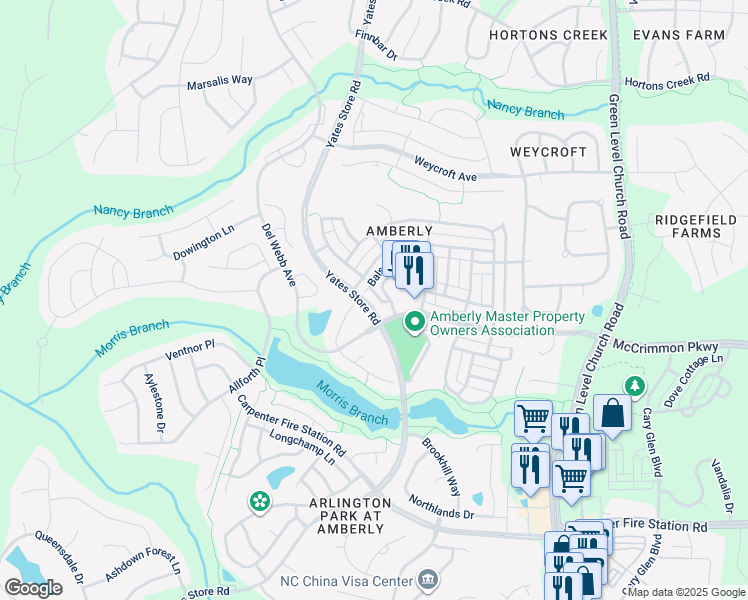 map of restaurants, bars, coffee shops, grocery stores, and more near 2114 Yates Store Road in Cary