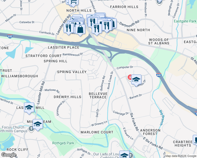 map of restaurants, bars, coffee shops, grocery stores, and more near 3608 Julia Lane in Raleigh
