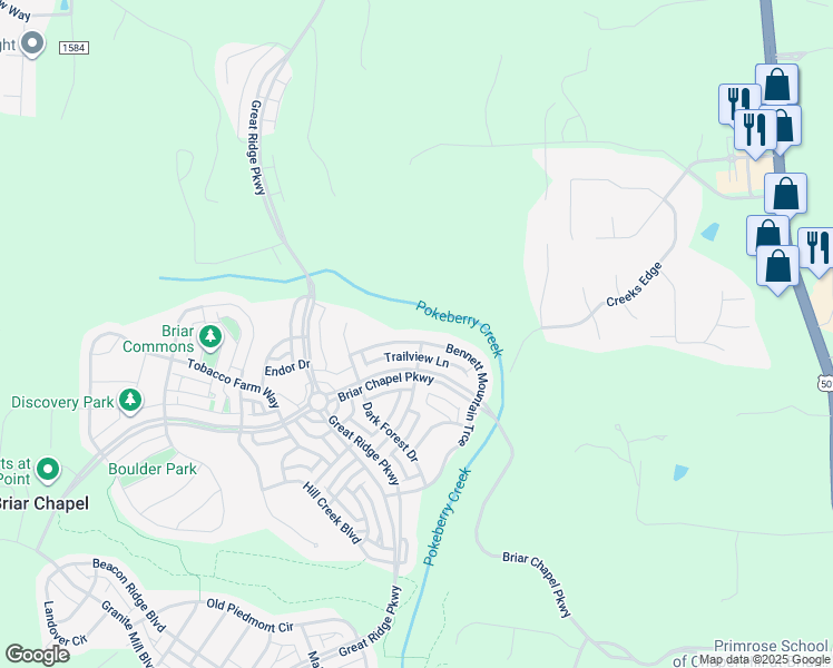 map of restaurants, bars, coffee shops, grocery stores, and more near 556 Bennett Mountain Trace in Chapel Hill