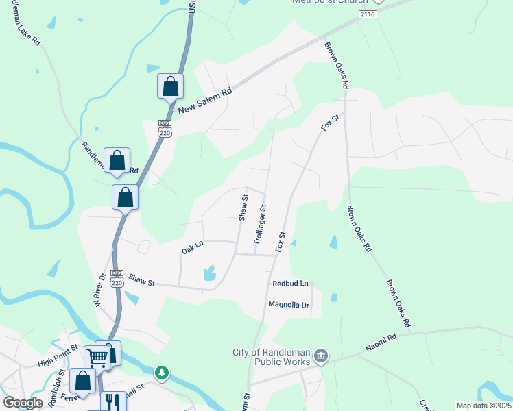 map of restaurants, bars, coffee shops, grocery stores, and more near 112 Trollinger Street in Randleman