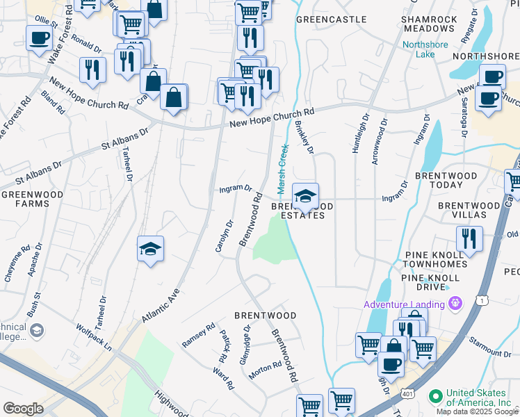 map of restaurants, bars, coffee shops, grocery stores, and more near 3532 Brentwood Road in Raleigh